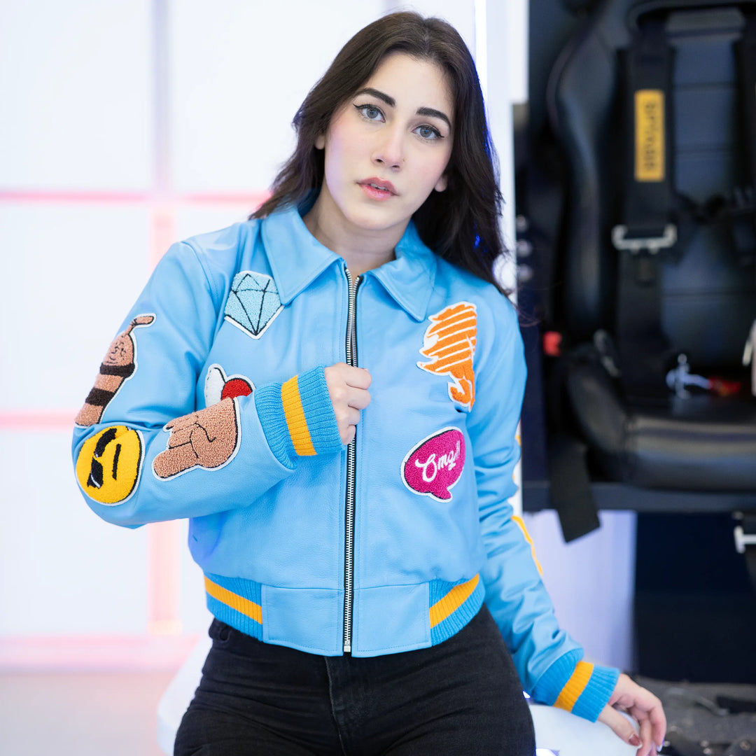 EV Signature Blue Leather Crop Top Varsity Jacket – Women's College Style Outerwear