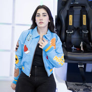 EV Signature Blue Leather Crop Top Varsity Jacket – Women's College Style Outerwear