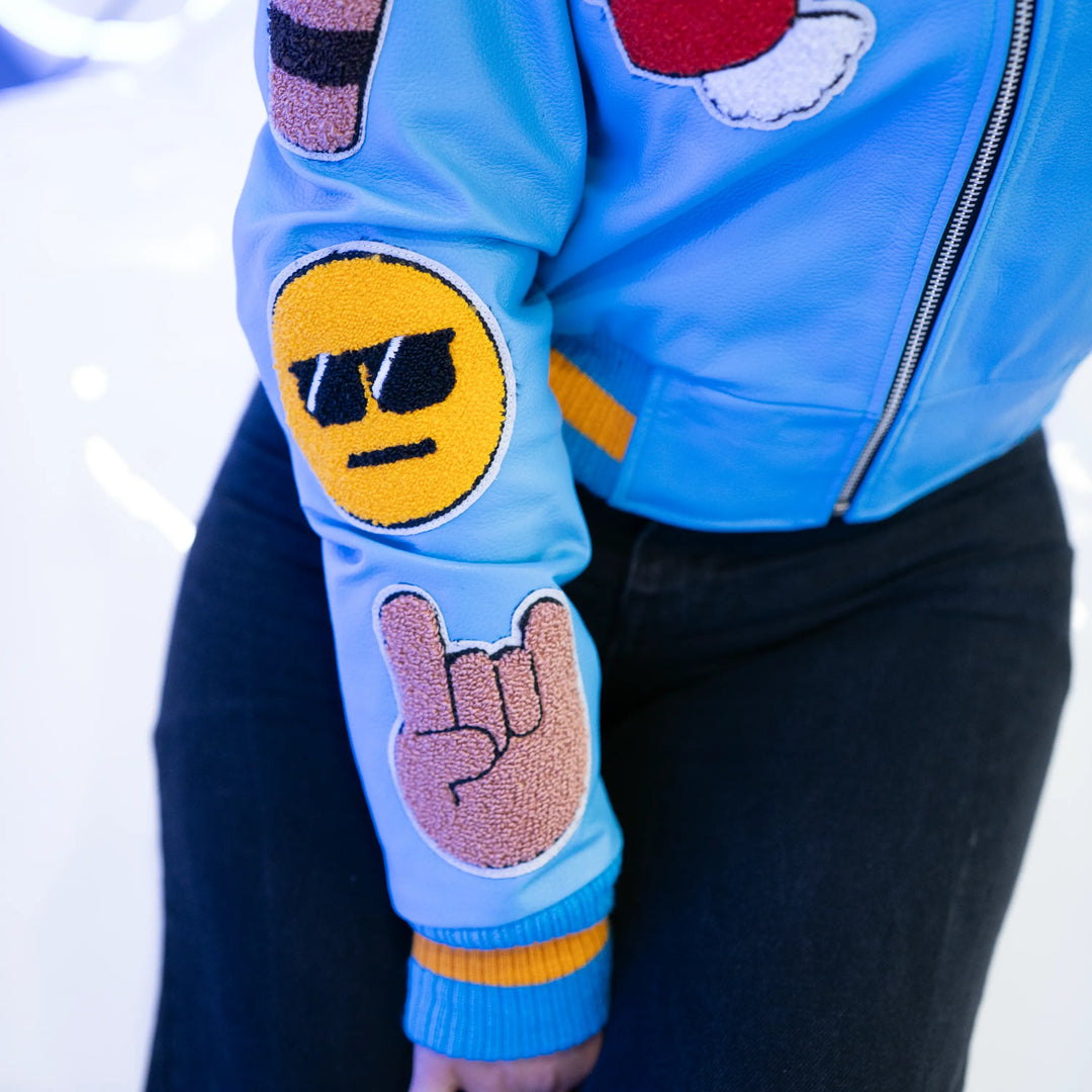 EV Signature Blue Leather Crop Top Varsity Jacket – Women's College Style Outerwear