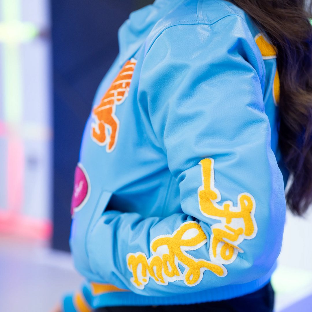 EV Signature Blue Leather Crop Top Varsity Jacket – Women's College Style Outerwear