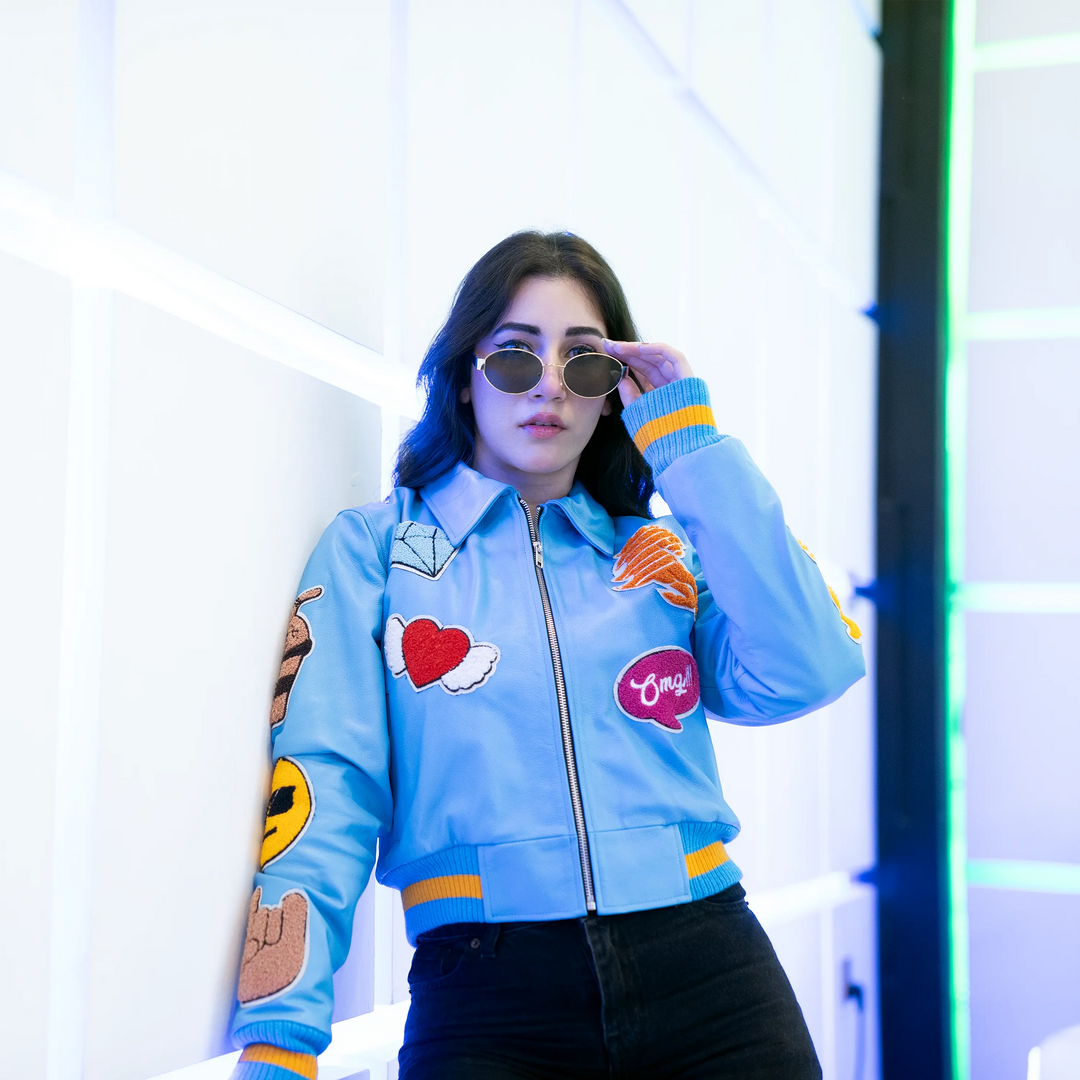 EV Signature Blue Leather Crop Top Varsity Jacket – Women's College Style Outerwear