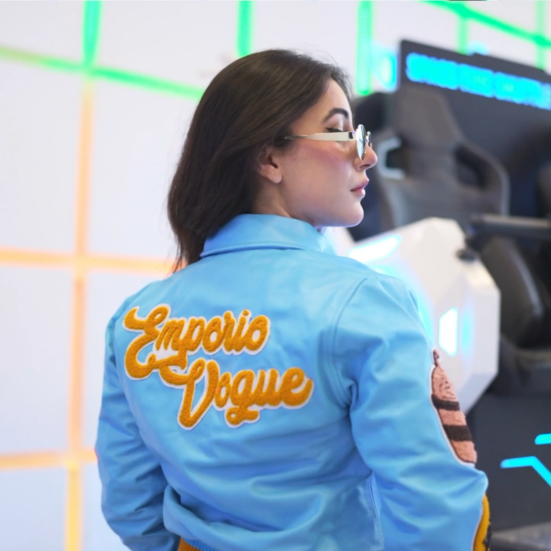 EV Signature Blue Leather Crop Top Varsity Jacket – Women's College Style Outerwear