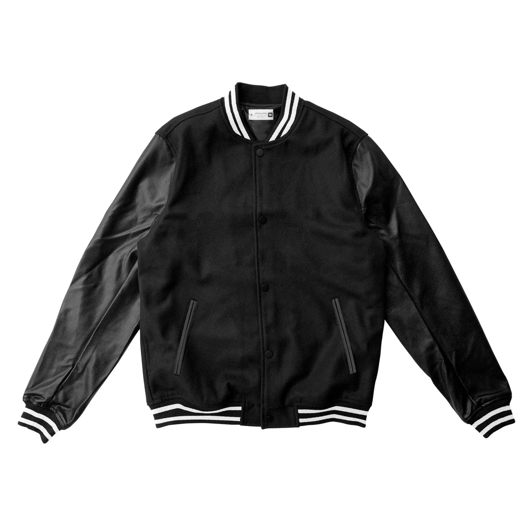 Black Wool / Black Leather Varsity Jacket – College Style Outerwear