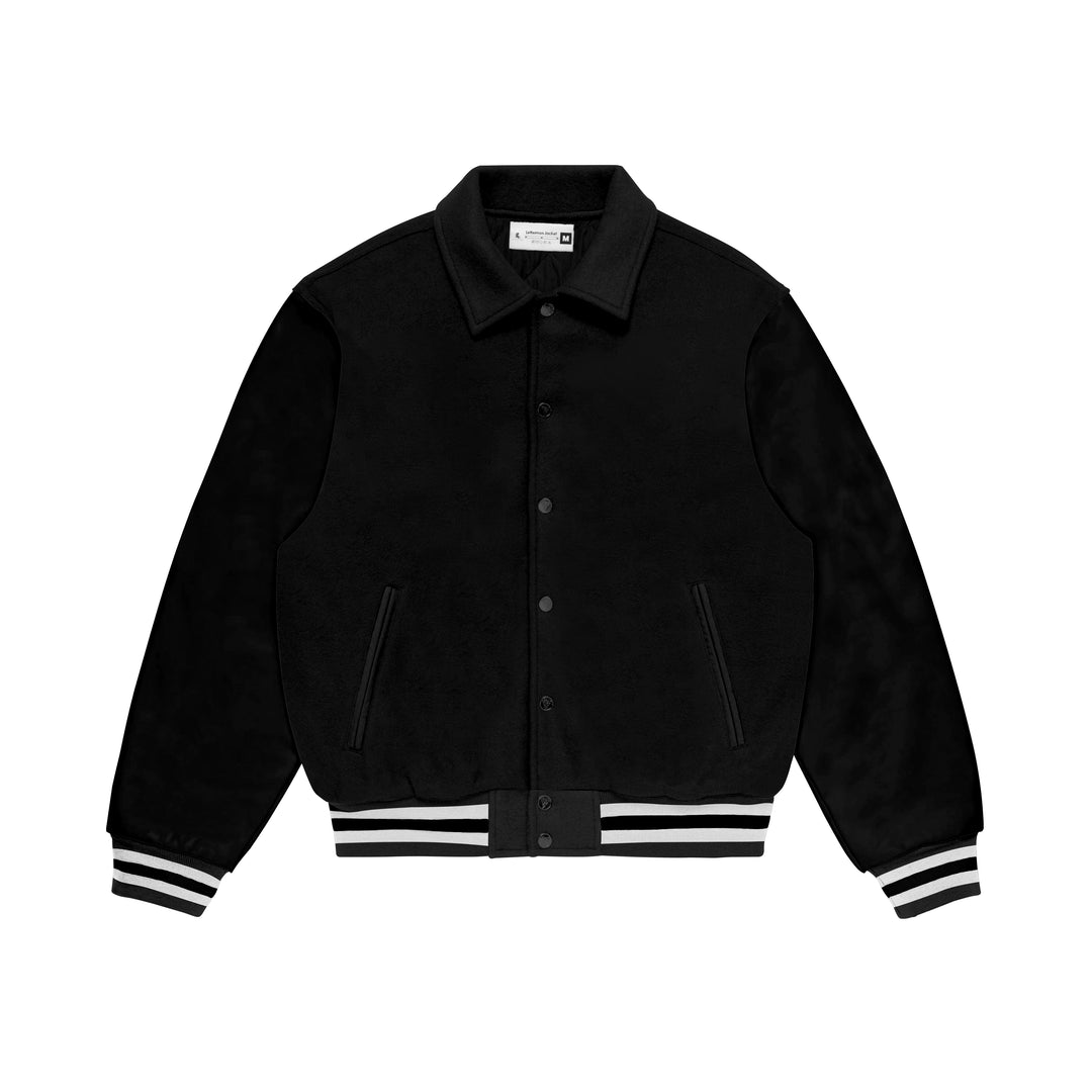Black Wool/Black Leather Collared Varsity Jacket – College Style Outerwear