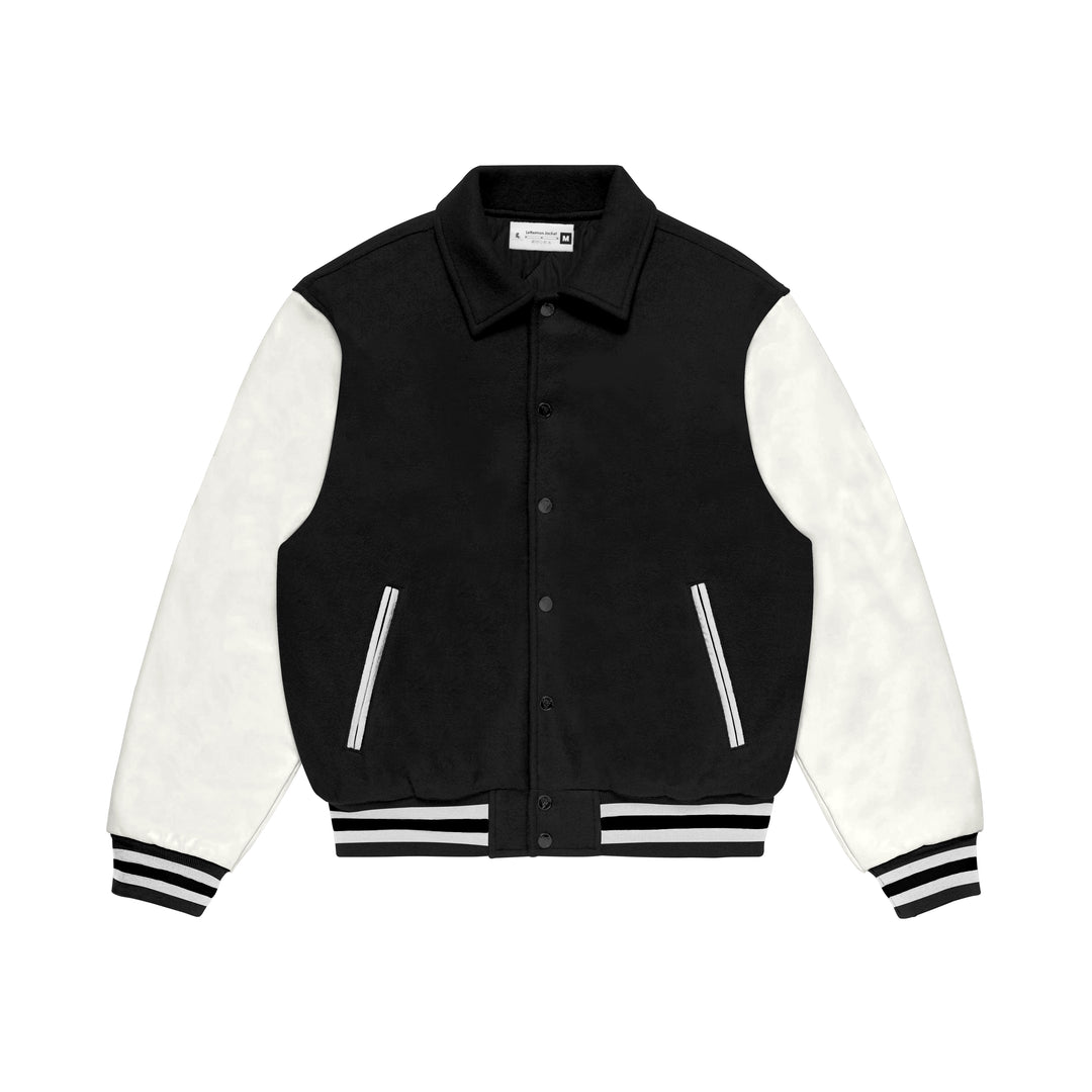 Black Wool/White Leather Collared Varsity Jacket – College Style Outerwear
