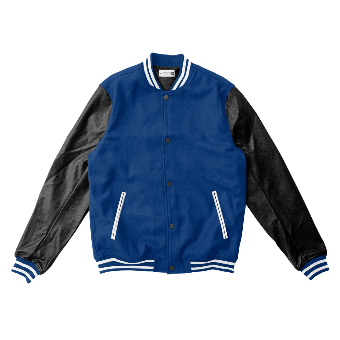 Blue Wool/Black Leather Varsity Jacket – College Style Outerwear