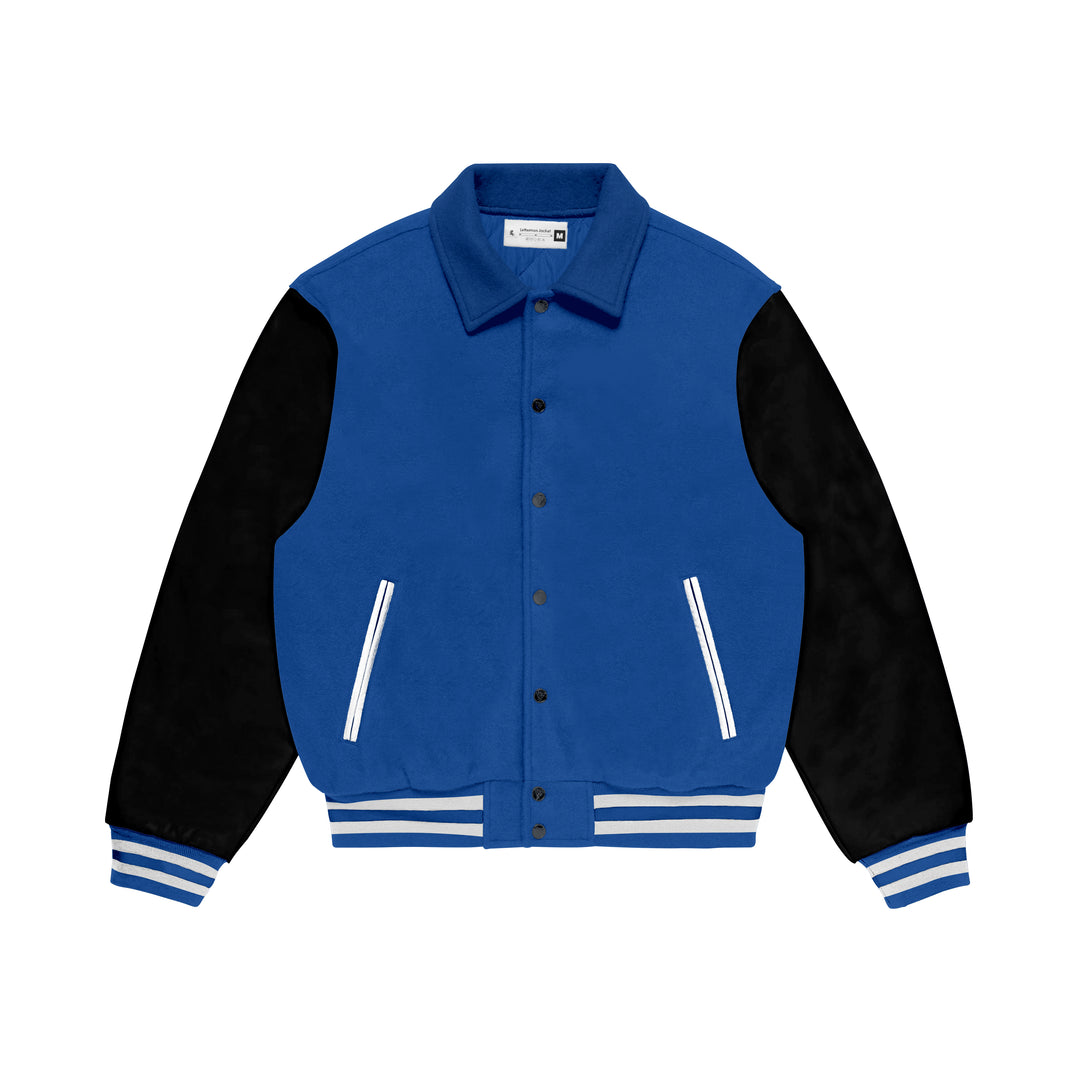 Blue Wool/Black Leather Collared Varsity Jacket – College Style Outerwear