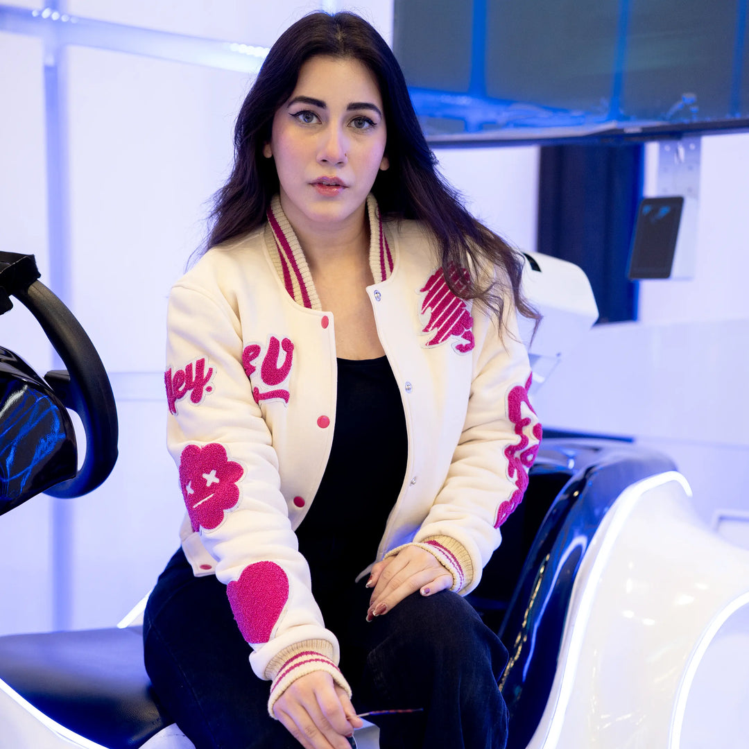 EV Signature Cream Wool Crop Top Varsity Jacket – Women's College Style Outerwear