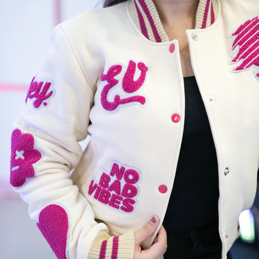 EV Signature Cream Wool Crop Top Varsity Jacket – Women's College Style Outerwear