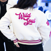 EV Signature Cream Wool Crop Top Varsity Jacket – Women's College Style Outerwear