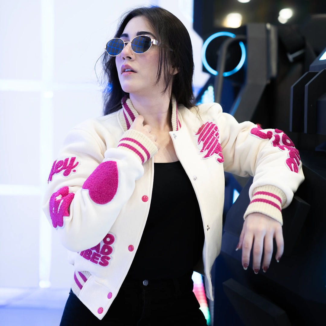 EV Signature Cream Wool Crop Top Varsity Jacket – Women's College Style Outerwear