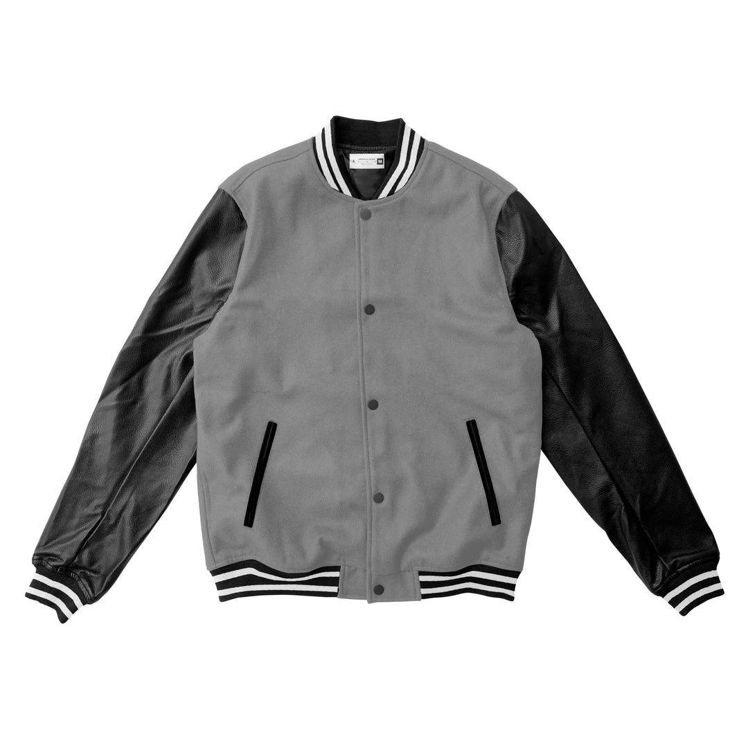 Grey Wool/Black Leather Varsity Jacket – College Style Outerwear