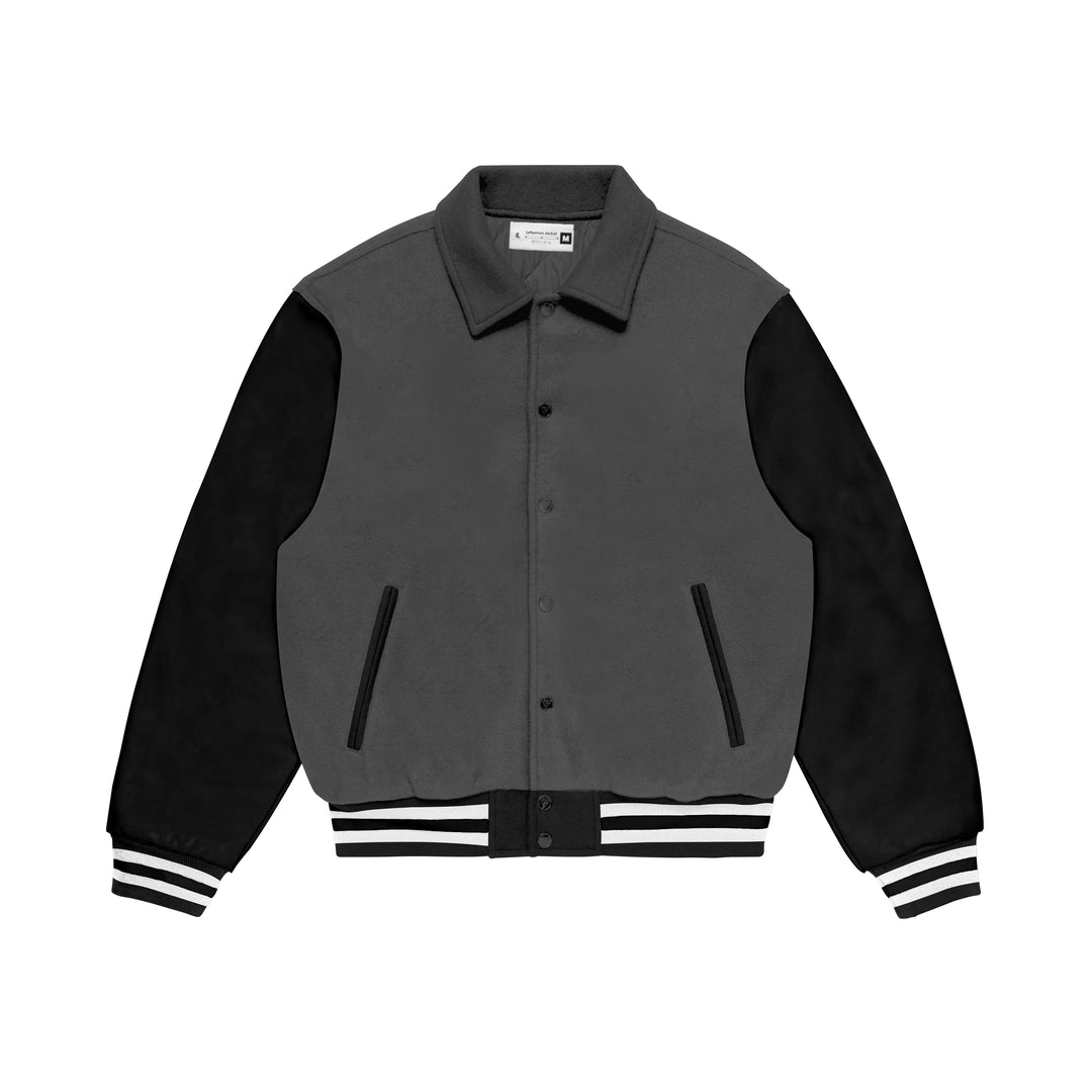 Grey Wool/Black Leather Collared Varsity Jacket – College Style Outerwear