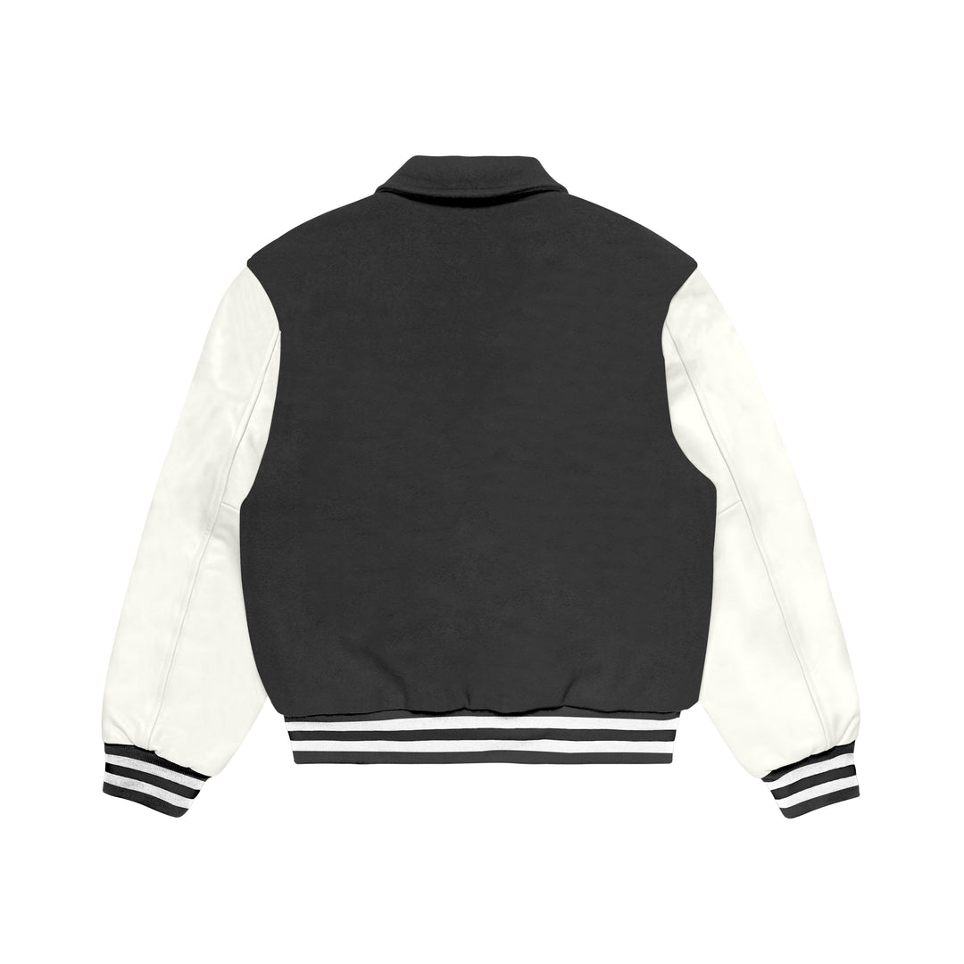 Grey Wool/White Leather Collared Varsity Jacket – College Style Outerwear