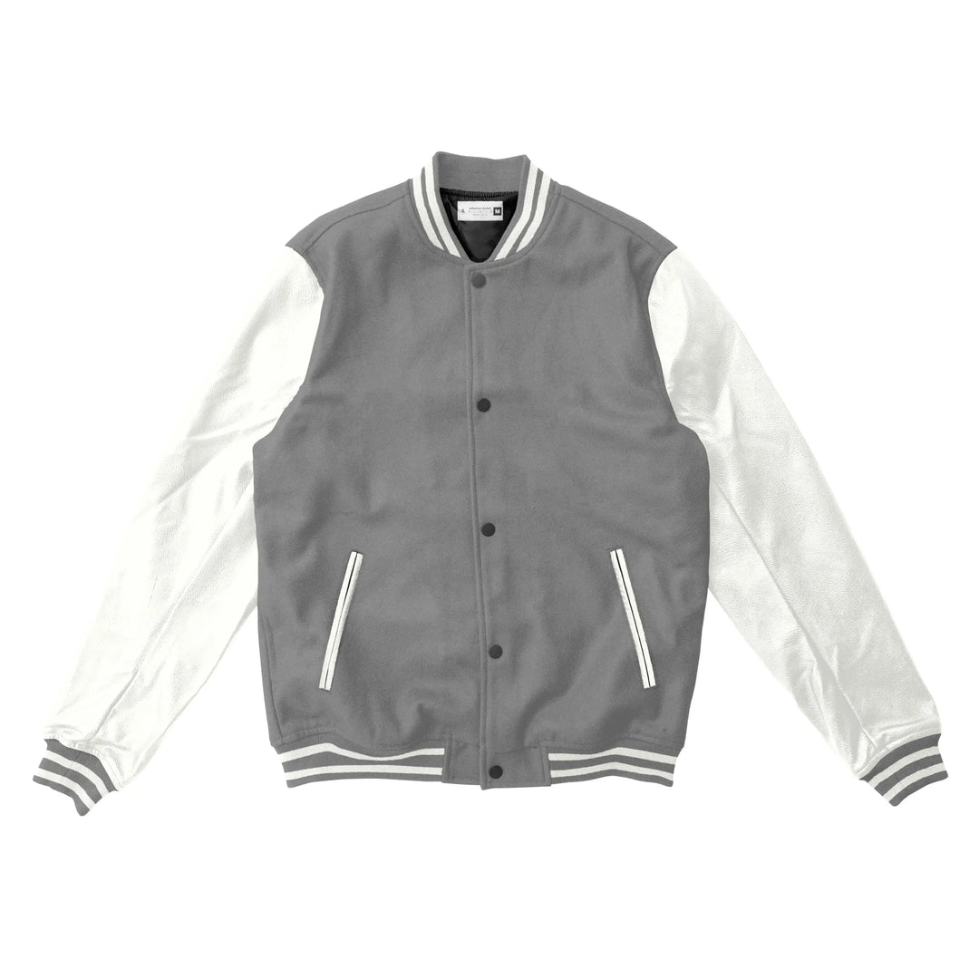 Grey Wool/White Leather Varsity Jacket – College Style Outerwear