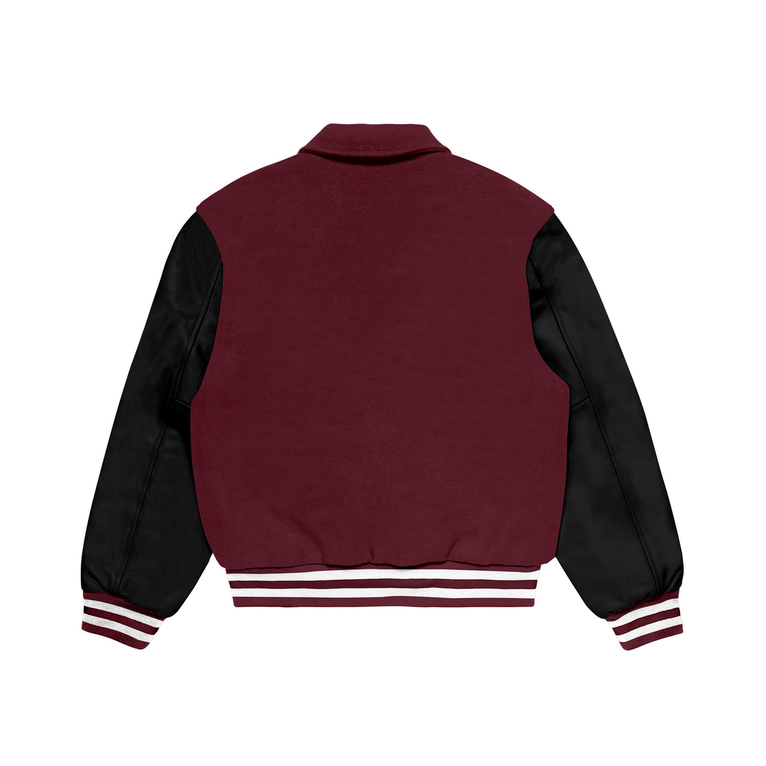 Maroon Wool/Black Leather Collared Varsity Jacket – College Style Outerwear