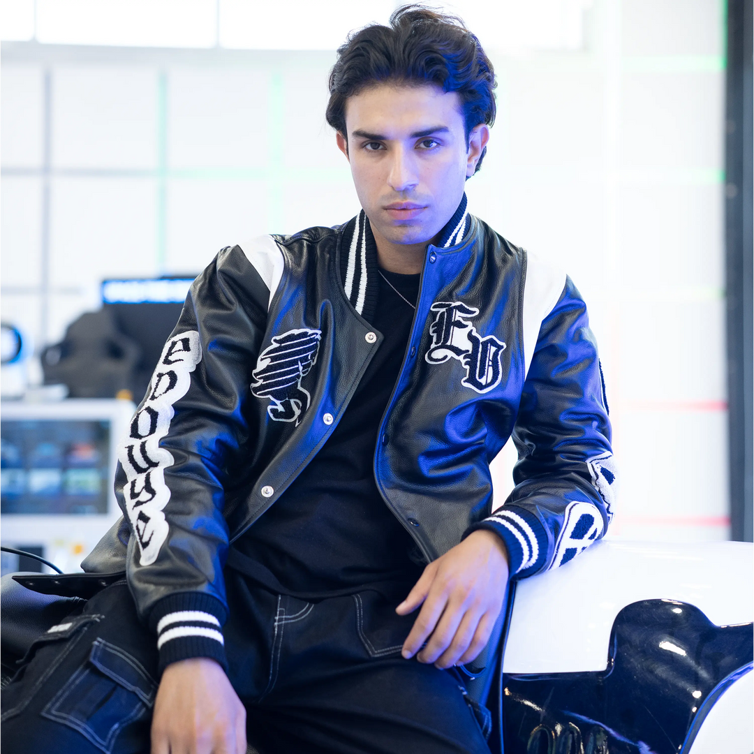 EV Signature Black Leather Varsity Jacket – Men's College Style Outerwear