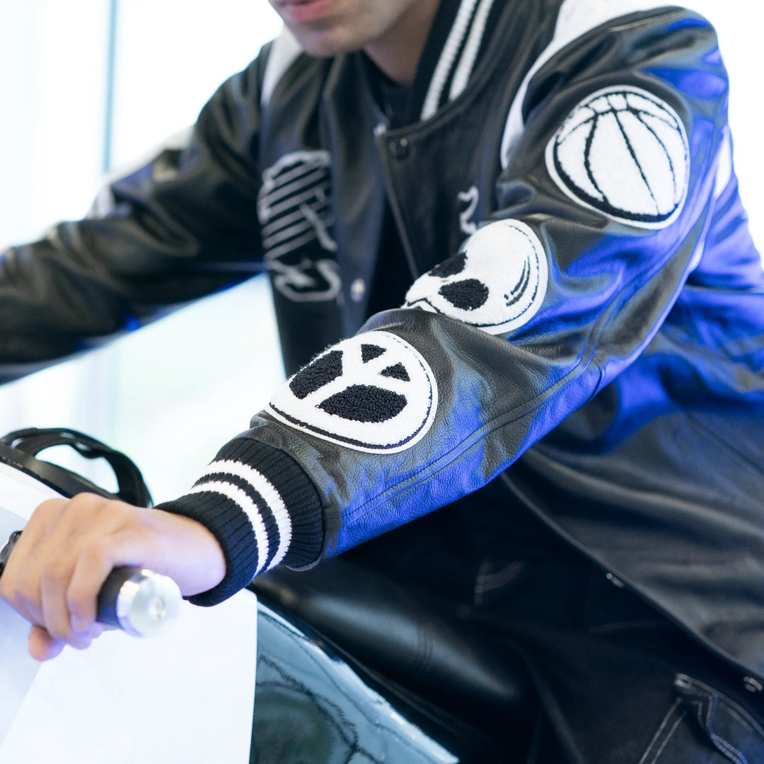 EV Signature Black Leather Varsity Jacket – Men's College Style Outerwear