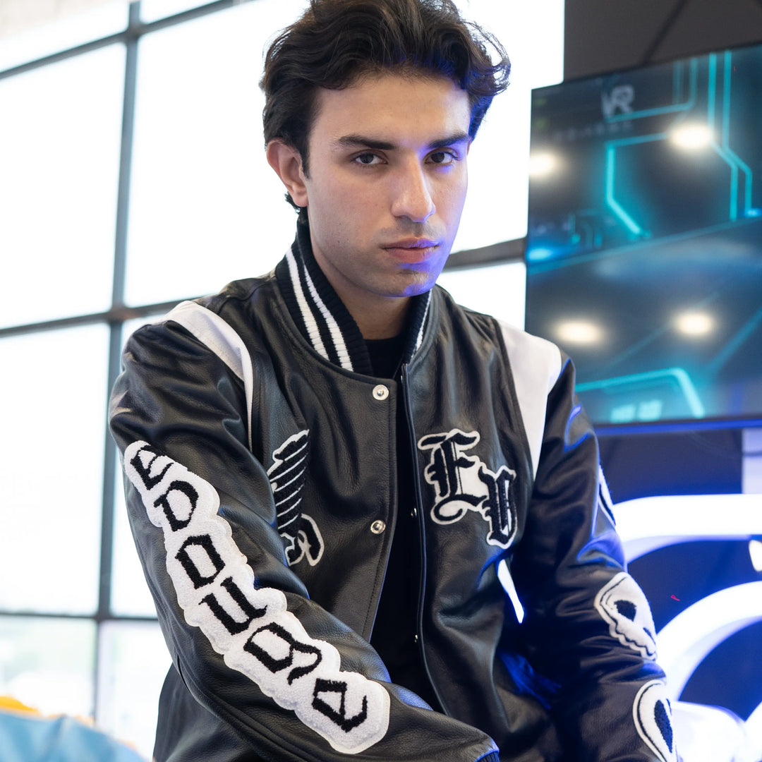 EV Signature Black Leather Varsity Jacket – Men's College Style Outerwear