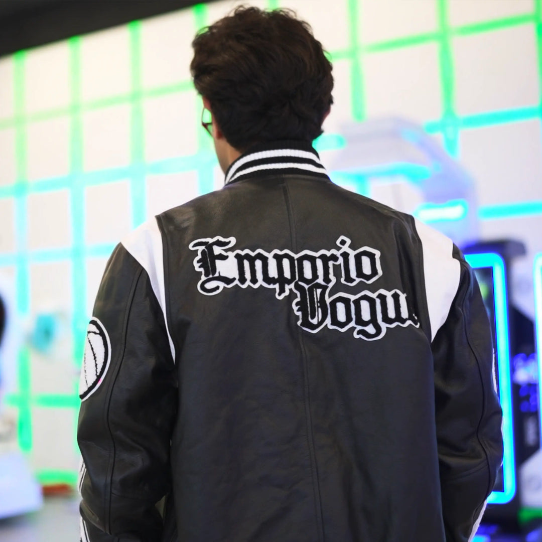 EV Signature Black Leather Varsity Jacket – Men's College Style Outerwear