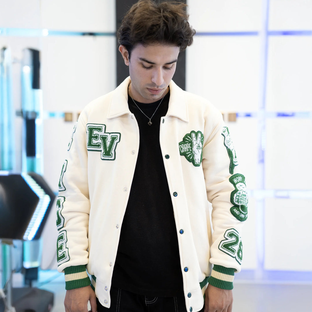 EV Signature Cream Collared Varsity Jacket - Men's College Style Outerwear