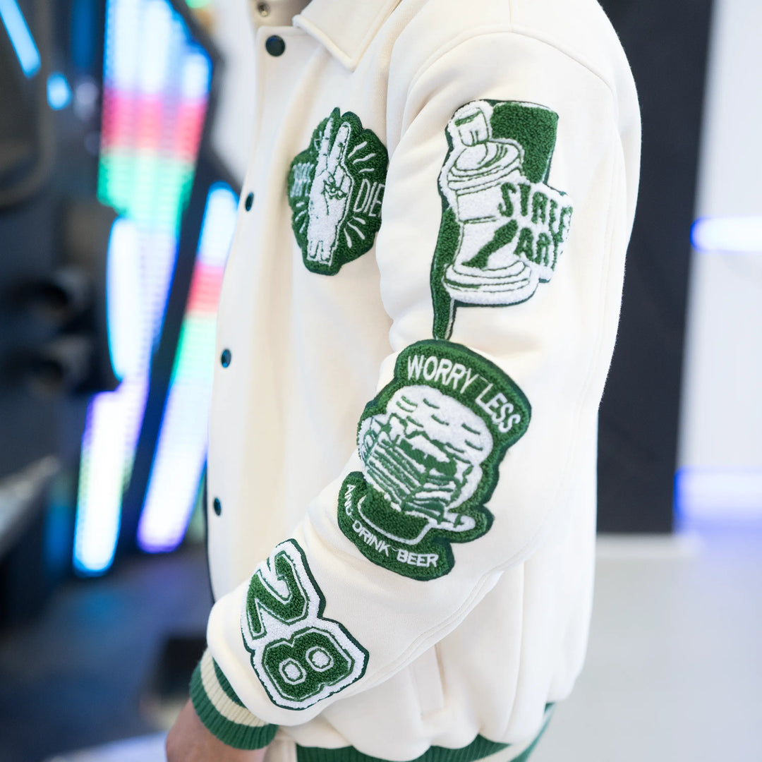 EV Signature Cream Collared Varsity Jacket - Men's College Style Outerwear