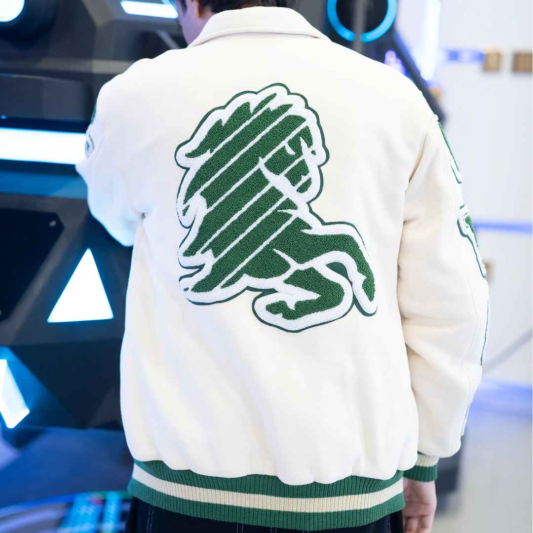 EV Signature Cream Collared Varsity Jacket - Men's College Style Outerwear