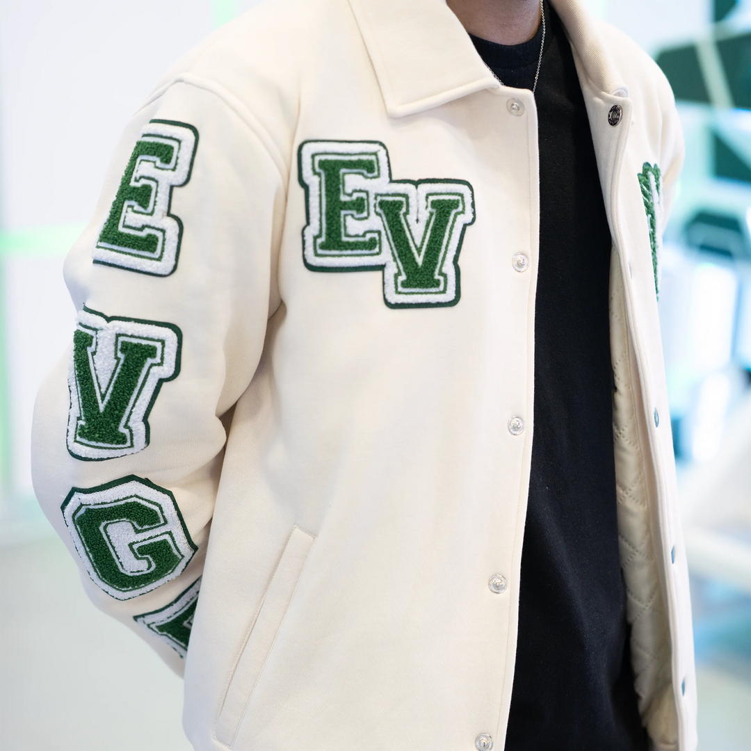EV Signature Cream Collared Varsity Jacket - Men's College Style Outerwear