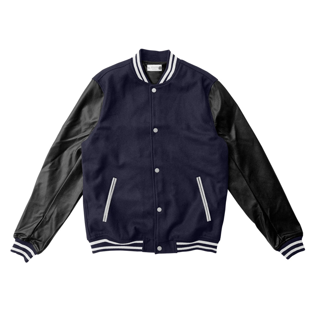 Navy Blue Wool/Black Leather Varsity Jacket – College Style Outerwear