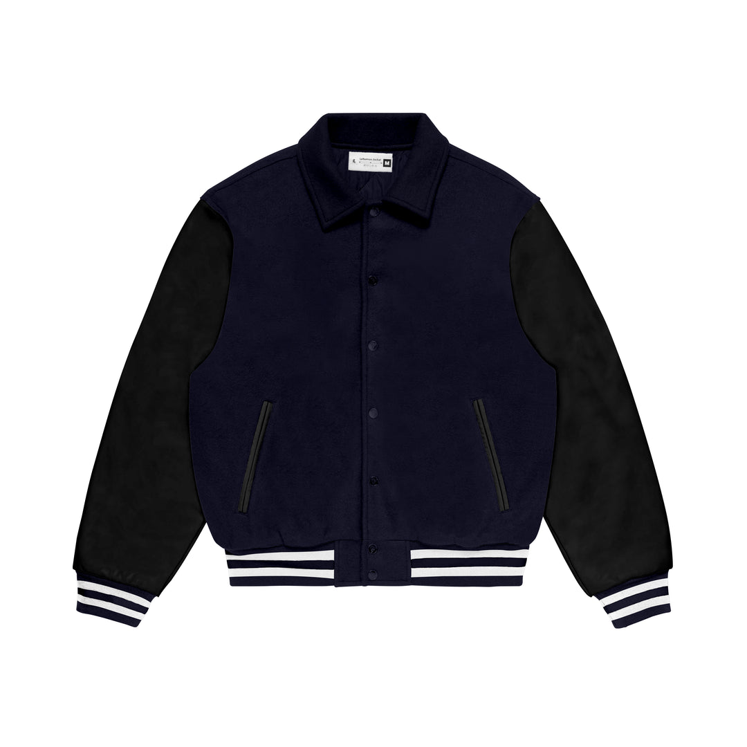 Navy Blue Wool/Black Leather Collared Varsity Jacket – College Style Outerwear