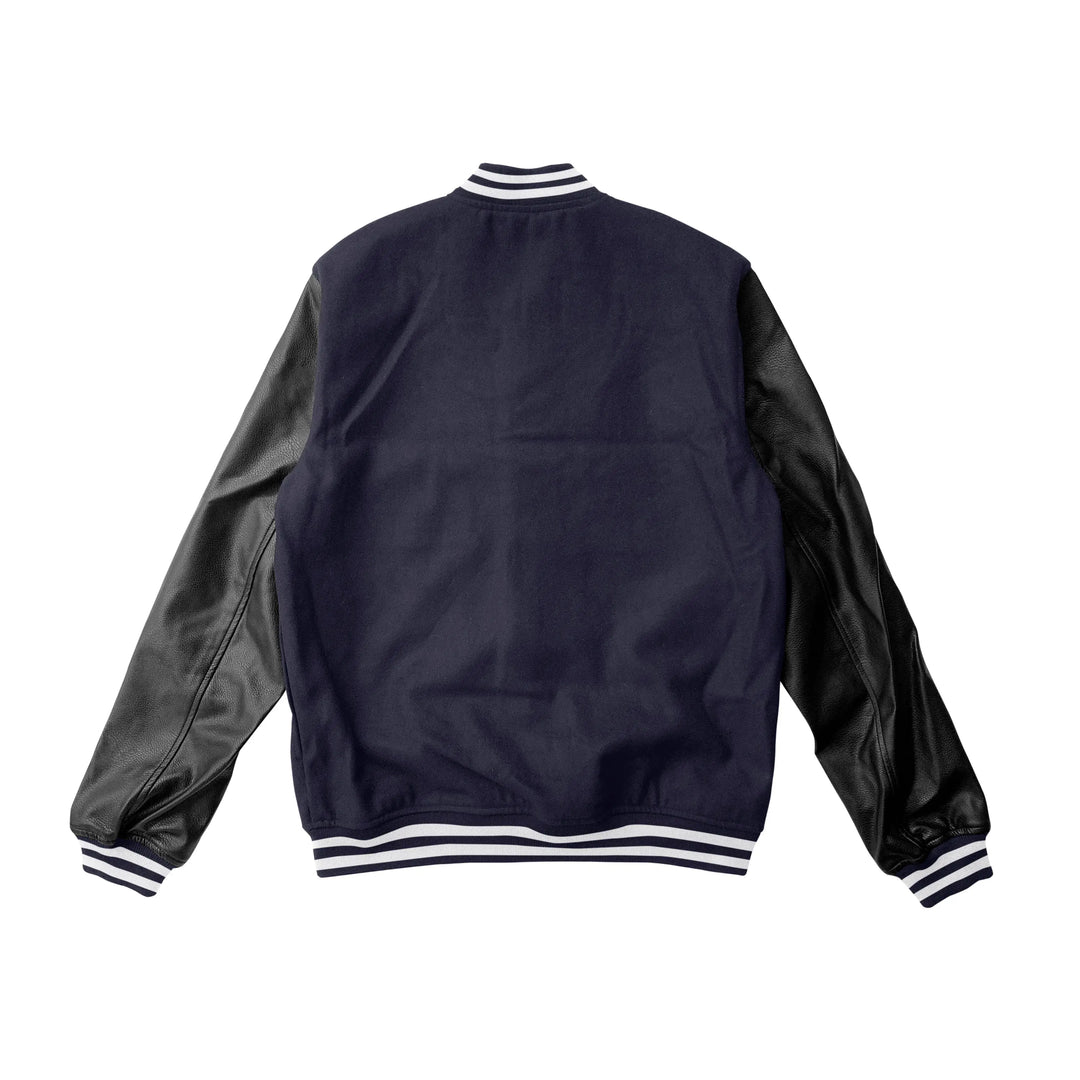 Navy Blue Wool/Black Leather Varsity Jacket – College Style Outerwear