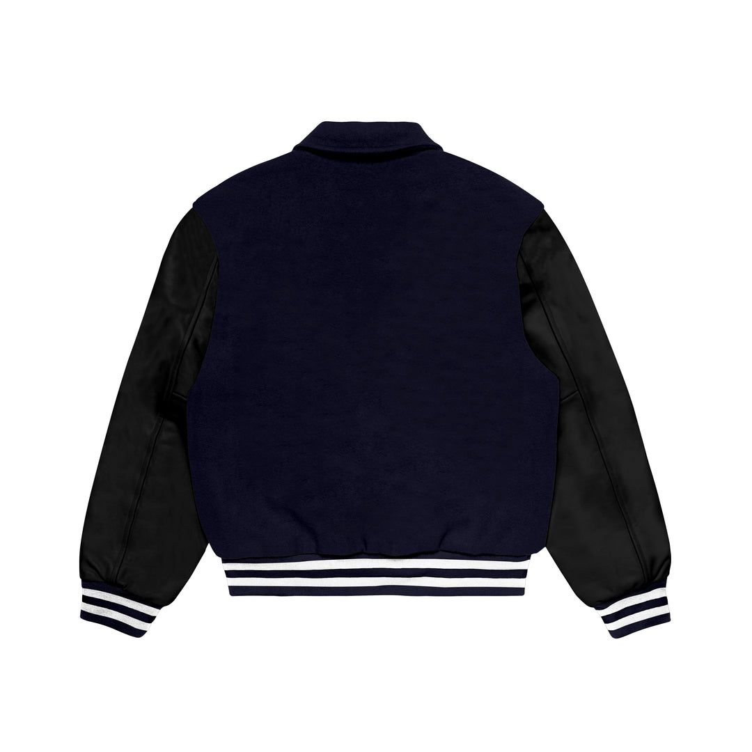 Navy Blue Wool/Black Leather Collared Varsity Jacket – College Style Outerwear