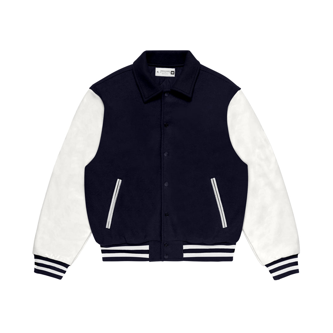 Navy Blue Wool/White Leather Collared Varsity Jacket – College Style Outerwear
