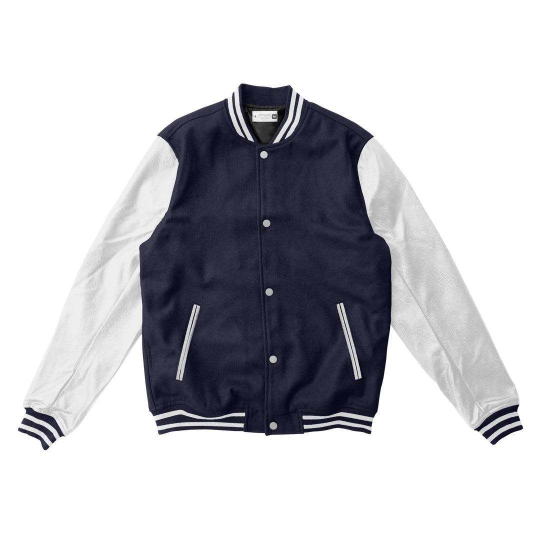 Navy Blue Wool/White Leather Varsity Jacket – College Style Outerwear
