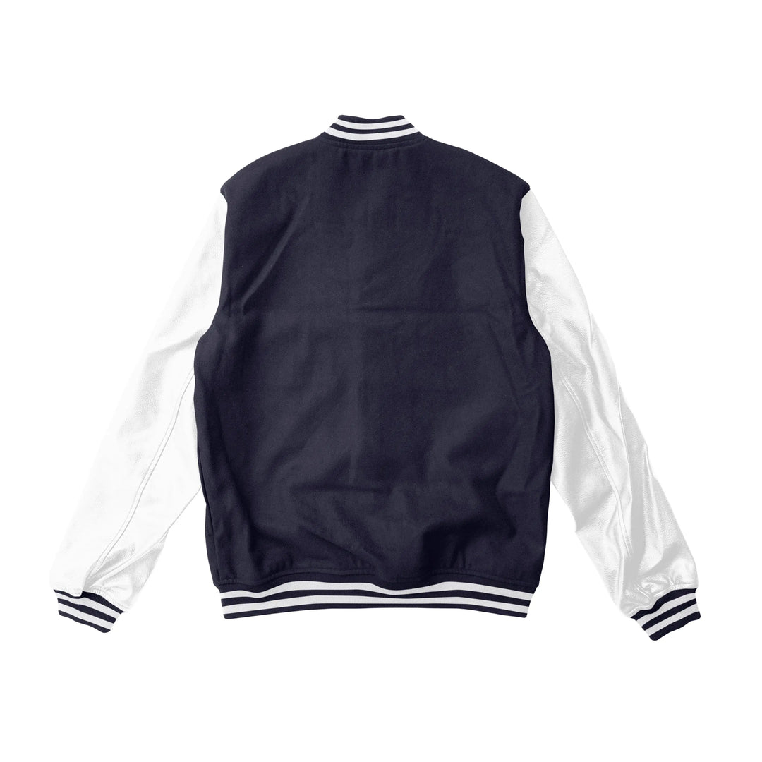 Navy Blue Wool/White Leather Varsity Jacket – College Style Outerwear