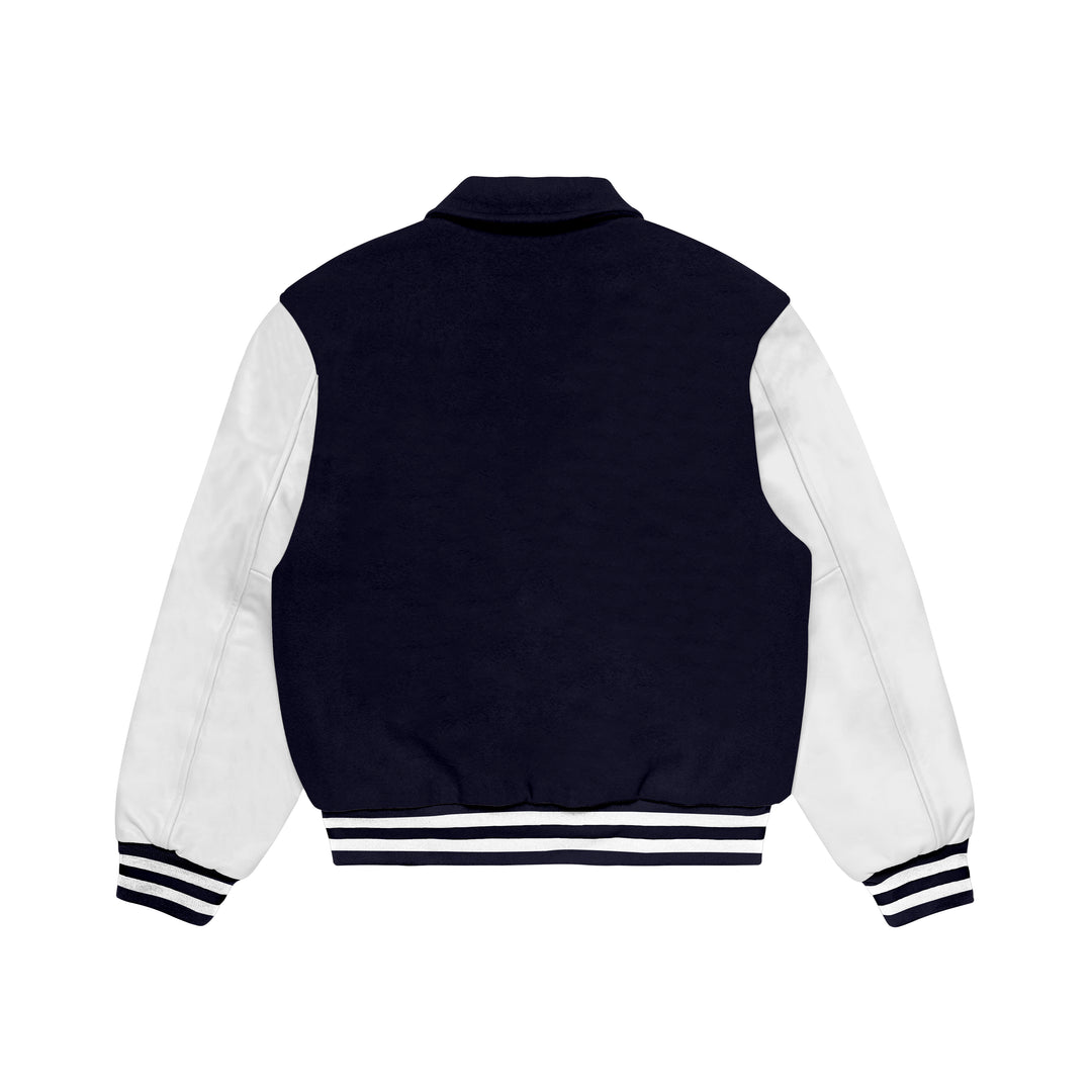 Navy Blue Wool/White Leather Collared Varsity Jacket – College Style Outerwear