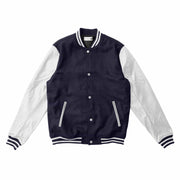 Navy Blue Letterman Jacket With White Leather Sleeves