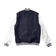 Navy Blue Letterman Jacket With White Leather Sleeves