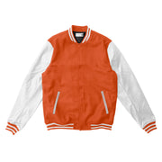 Orange Letterman Jacket With White Leather Sleeves