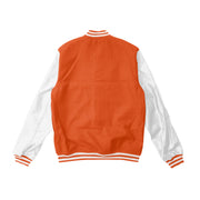 Orange Letterman Jacket With White Leather Sleeves