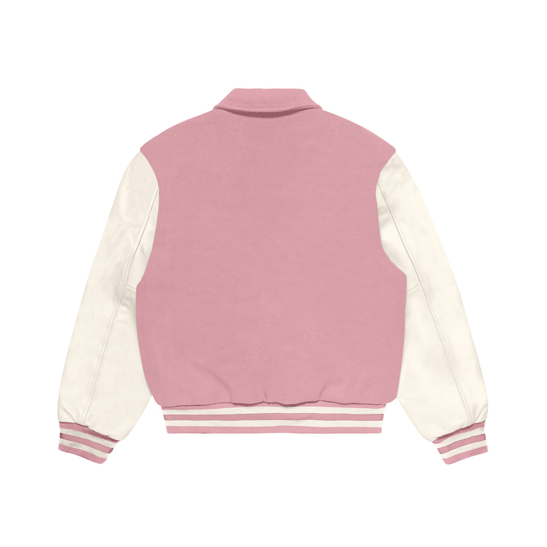 Pink Wool/White Leather Collared Varsity Jacket – College Style Outerwear