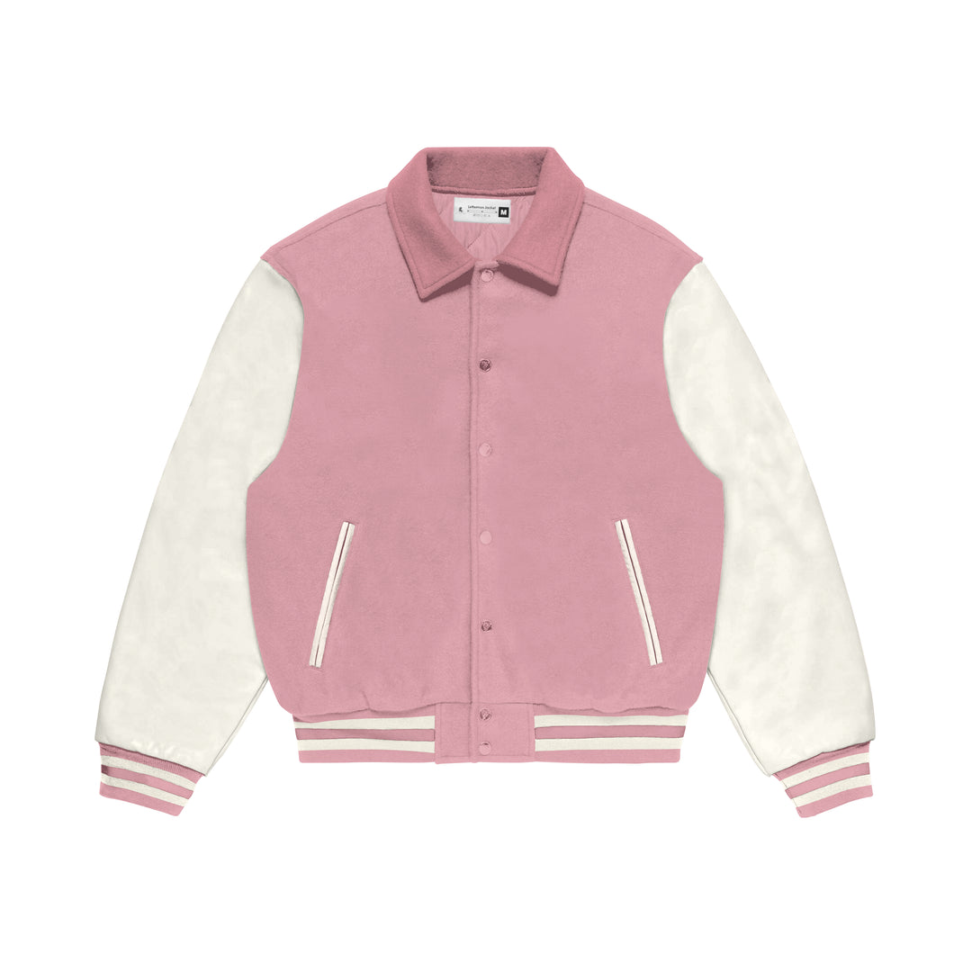 Pink Wool/White Leather Collared Varsity Jacket – College Style Outerwear