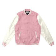 Pink Letterman Jacket With Off-White Leather Sleeves