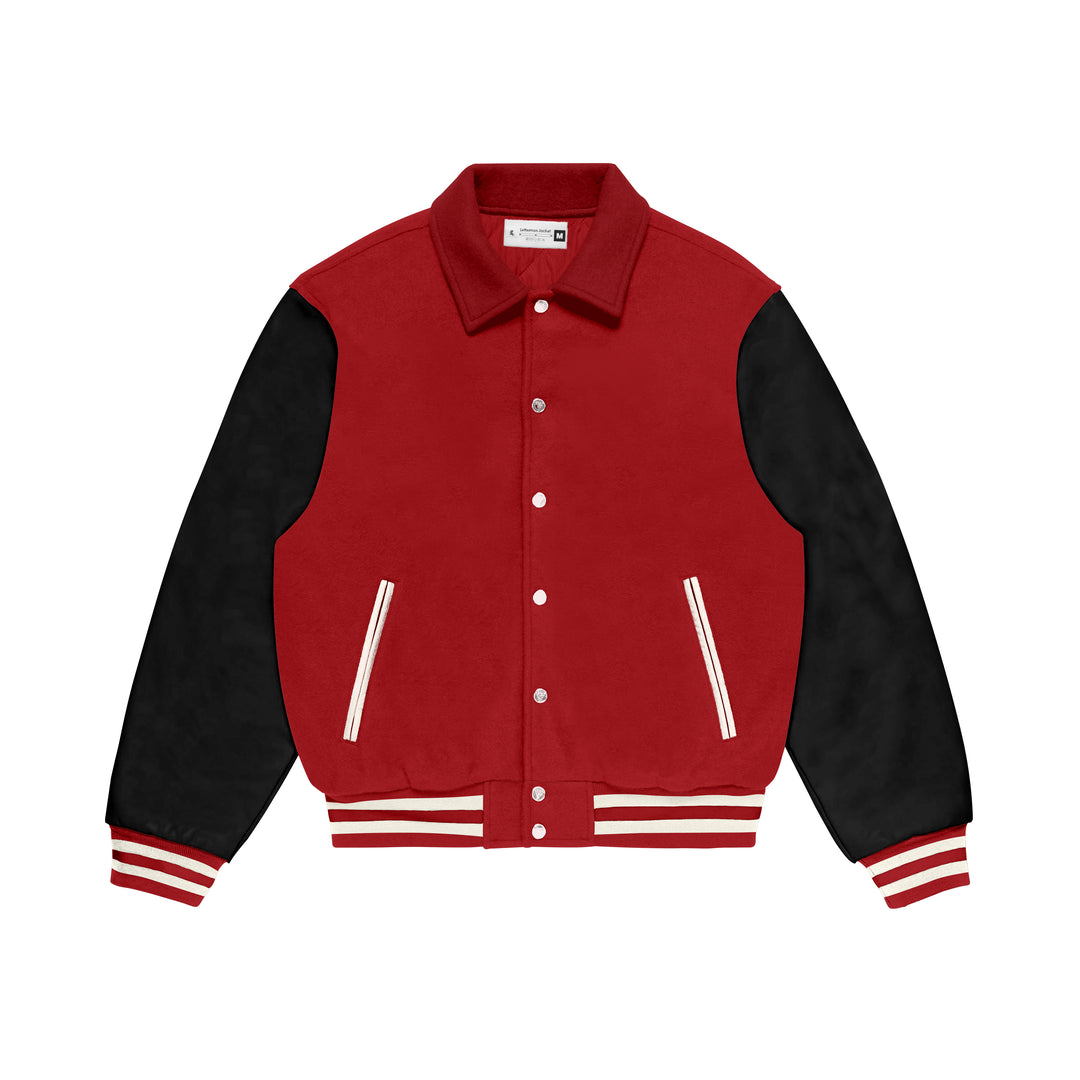 Red Wool/Black Leather Collared Varsity Jacket – College Style Outerwear