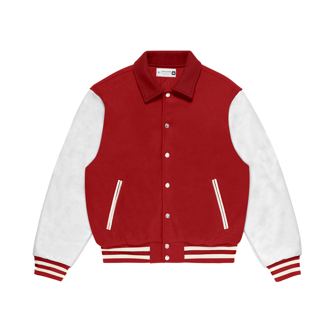 Red Wool/White Leather Collared Varsity Jacket – College Style Outerwear