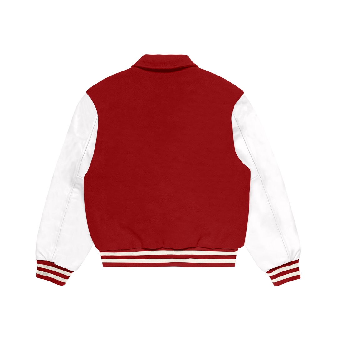 Red Wool/White Leather Collared Varsity Jacket – College Style Outerwear