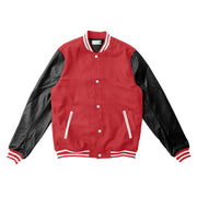Red Letterman Jacket With Black Leather Sleeves