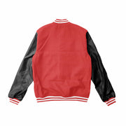 Red Letterman Jacket With Black Leather Sleeves