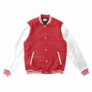Red Letterman Jacket With White Leather Sleeves