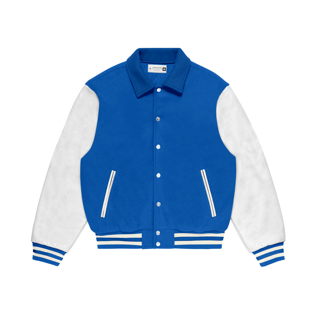 Royal Blue Wool/White Leather Collared Varsity Jacket – College Style Outerwear